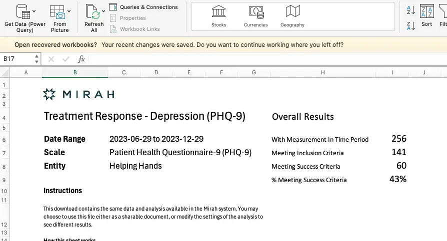 Mirah Collaborative Care Outcomes Framework - Download Results for Treatment Response - Depression (PHQ-9)