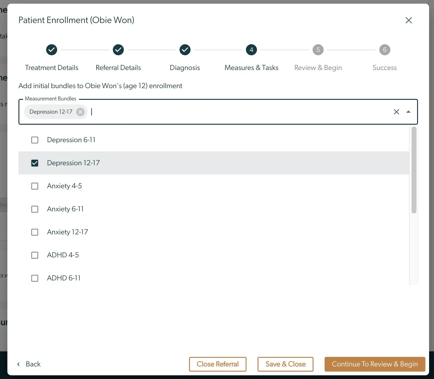 Mirah Collaborative Care Patient Enrollment Measures & Tasks screen for Obie Won