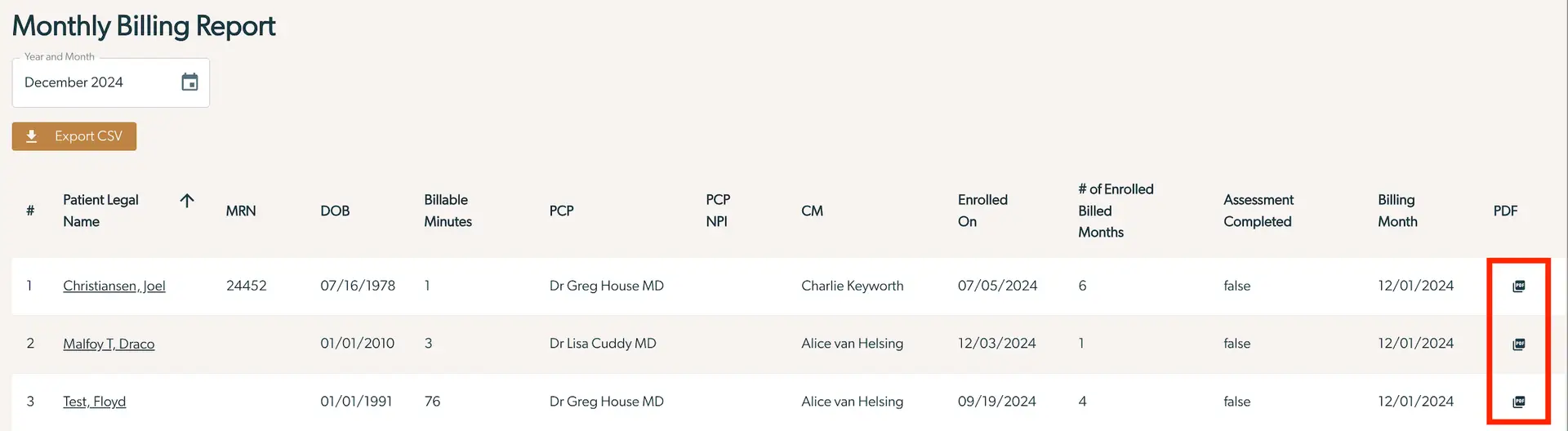 Monthly Billing Report for December 2024 in Mirah Collaborative Care