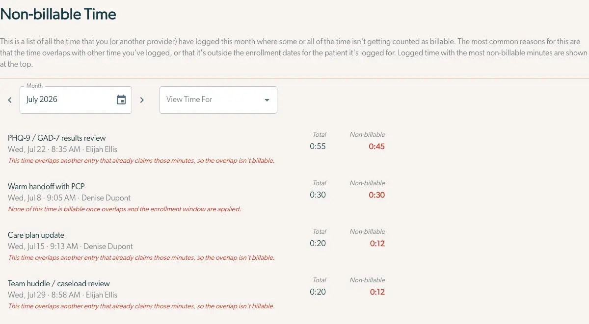 Non-billable Time page showing logged activities for July 2026 with non-billable time details.