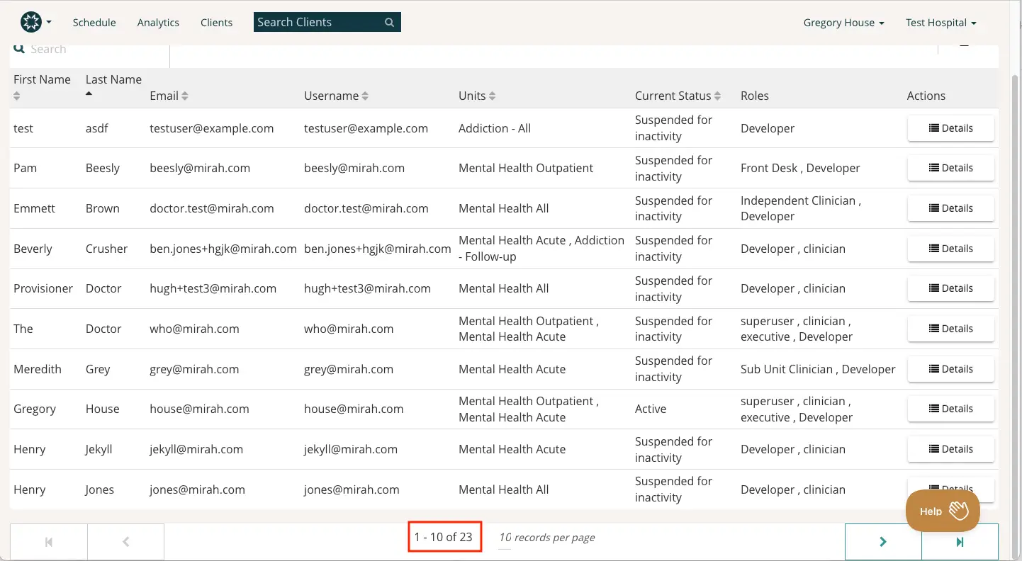 Mirah Collaborative Care Integration Onboarding Data Quality Checklist client management screen showing client details and pagination controls.