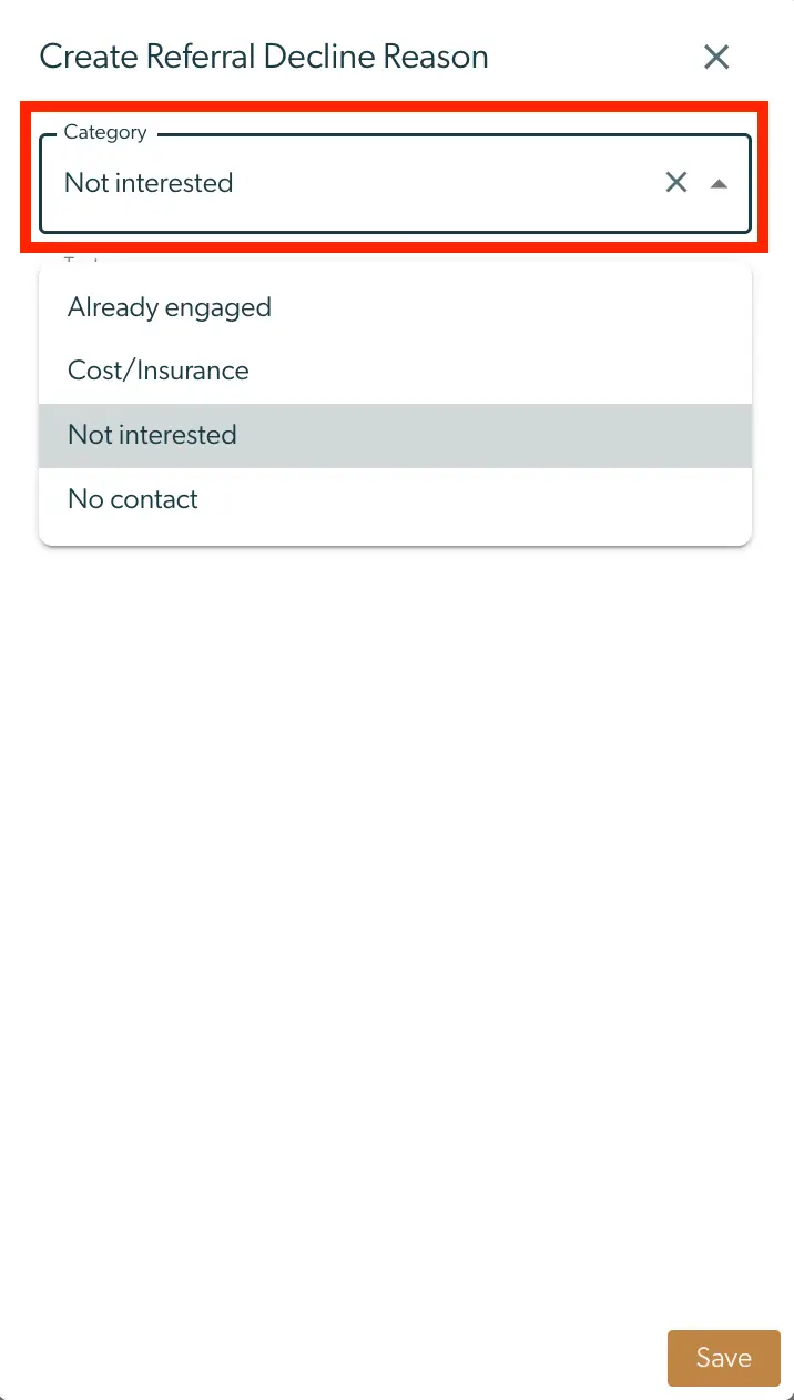 Create Referral Decline Reason screen in Mirah Collaborative Care with category dropdown and save button.