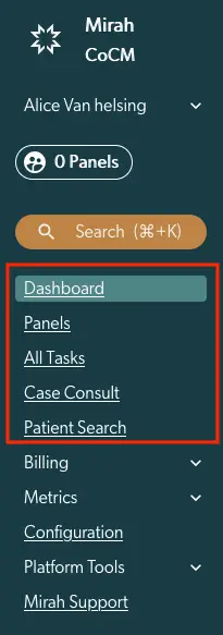 Mirah Collaborative Care vertical navigation menu showing Dashboard, Panels, All Tasks, Case Consult, and Patient Search options.