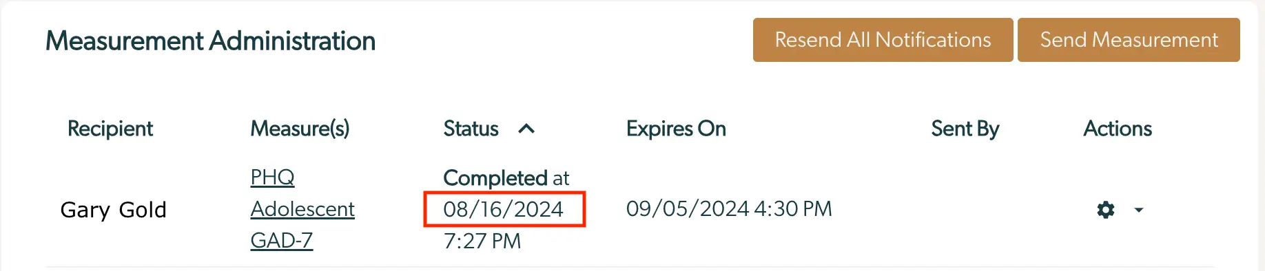 Mirah Collaborative Care Measurement Administration screen showing Gary Gold's completed measures and options to resend notifications or send measurement.