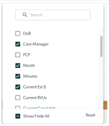 Mirah Collaborative Care Billing Insights dropdown menu for customizing report view with search field, checkboxes for data fields, and buttons for show/hide all and reset.