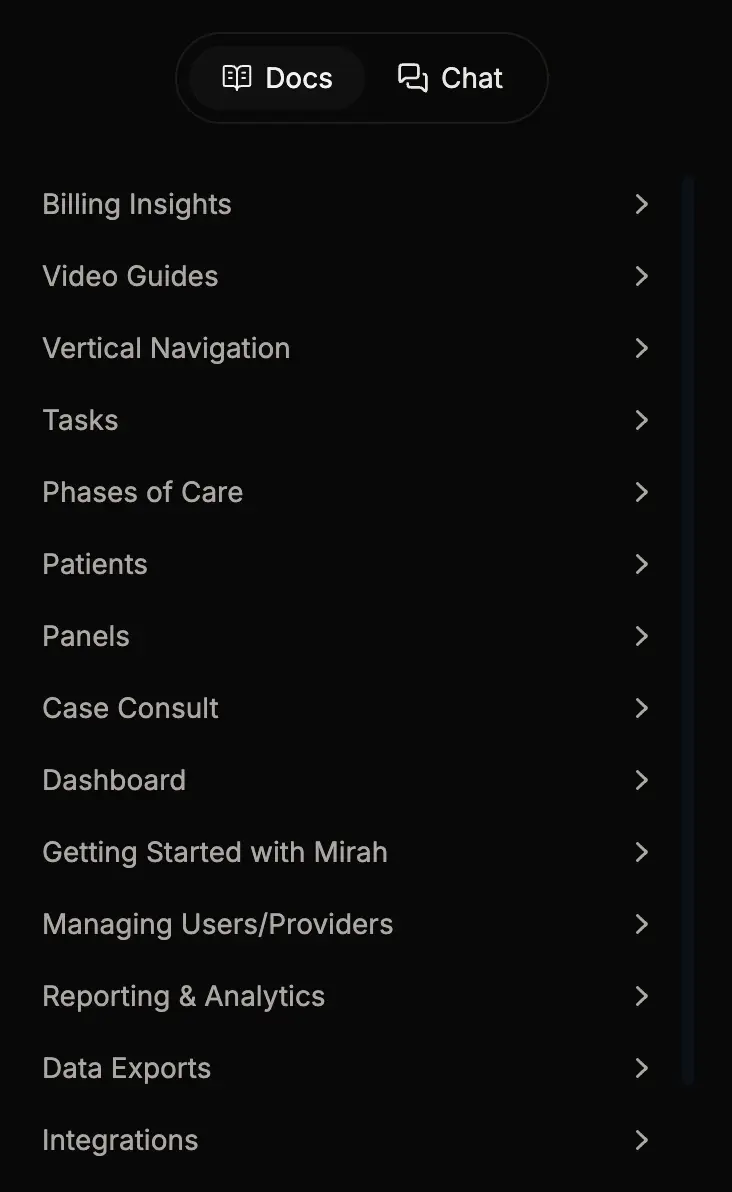 Mirah Collaborative Care menu with options like Billing Insights, Video Guides, and more.