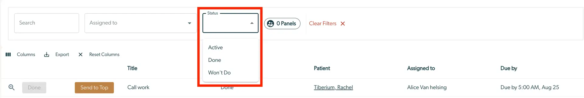 Mirah Collaborative Care Tasks interface showing status filter options and task list.