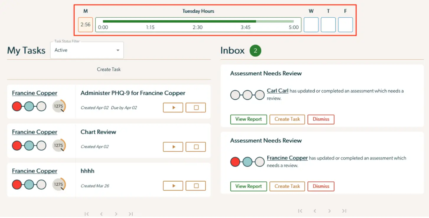 Mirah Collaborative Care Daily Progress Tracker screen showing My Tasks and Inbox sections with task and assessment management options.