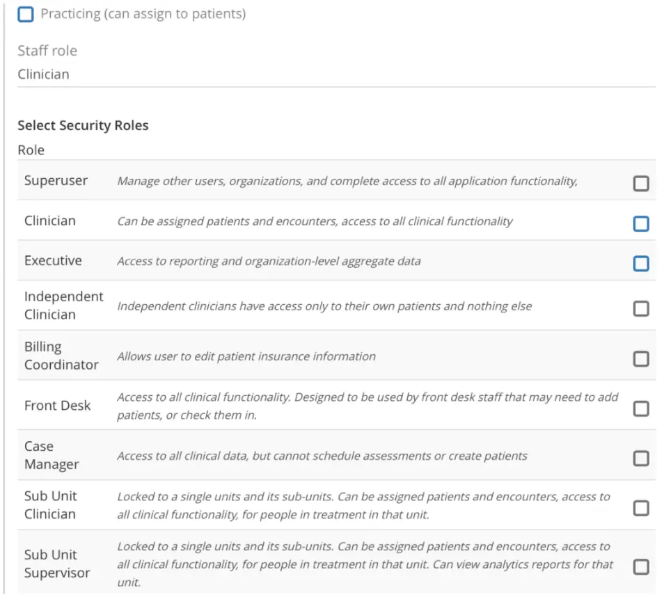 Mirah Collaborative Care - Managing Users/Providers - Select Security Roles for Staff
