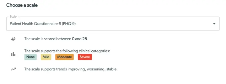 Mirah Collaborative Care Outcomes Framework - Select a Scale screen showing Patient Health Questionnaire-9 (PHQ-9) scale options.
