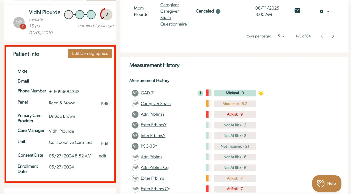 Mirah Collaborative Care patient profile page for Vidhi Plourde showing patient info and measurement history.