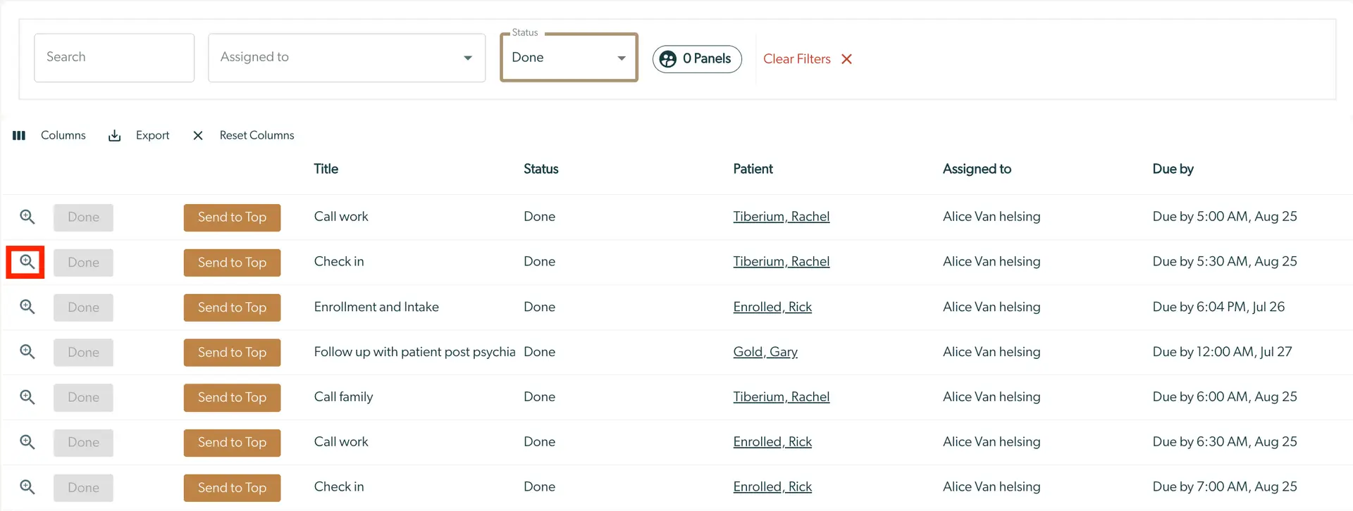 Mirah Collaborative Care task management interface showing tasks with status 'Done'.