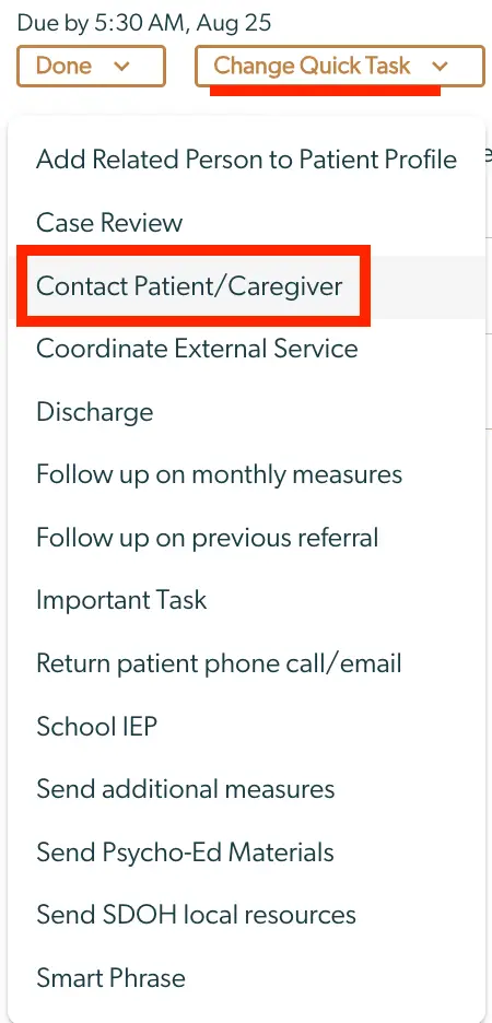 Mirah Collaborative Care task management interface showing options to change task status and template, with 'Contact Patient/Caregiver' highlighted.