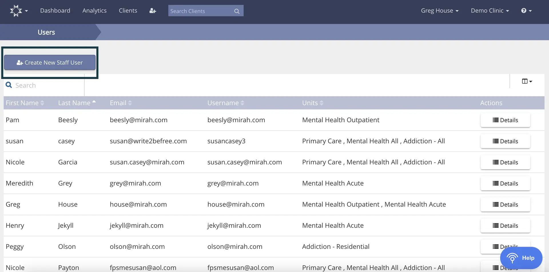 Mirah Collaborative Care Users Management Page