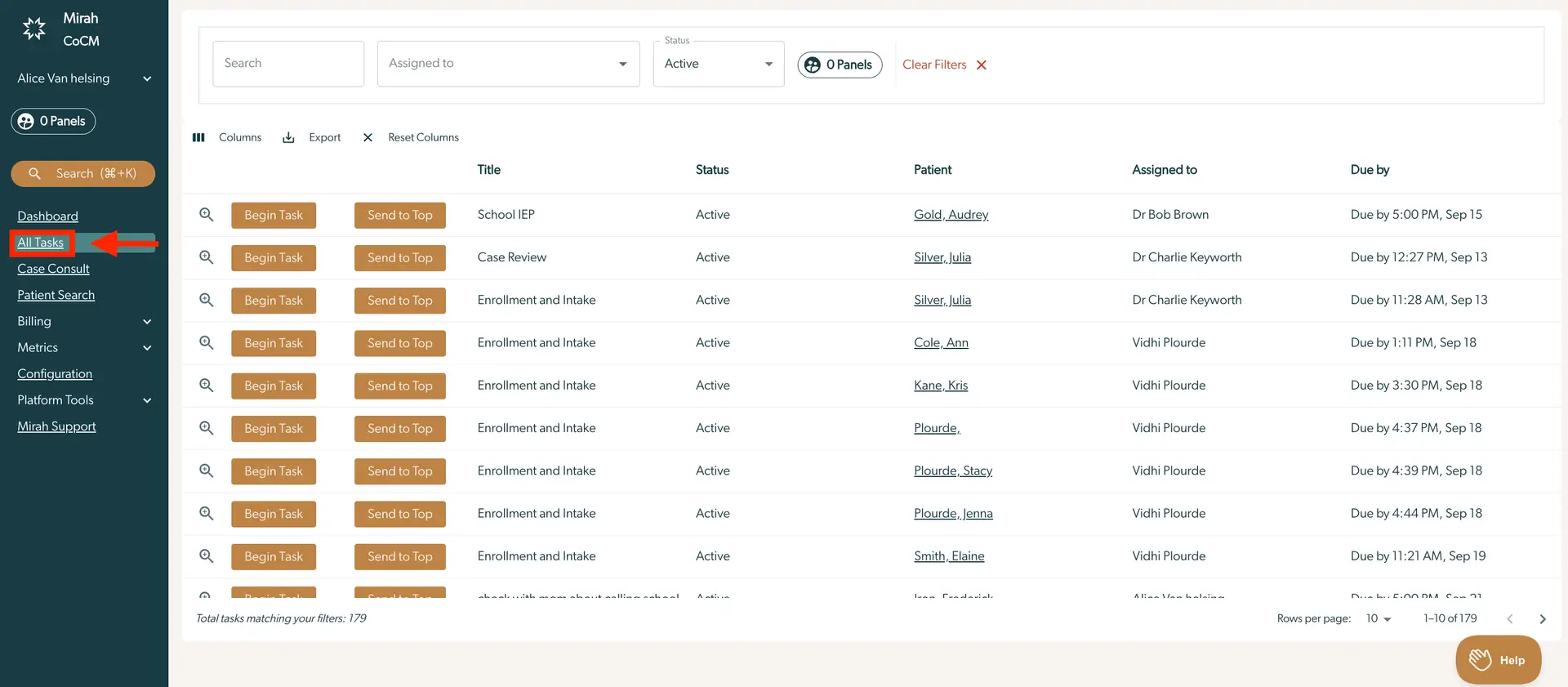 Mirah Collaborative Care All Tasks page showing task list with filters and navigation options.