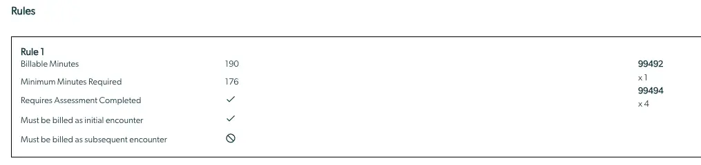 Mirah Collaborative Care Billing Insights Rules section displaying Rule 1 with billing criteria and codes.
