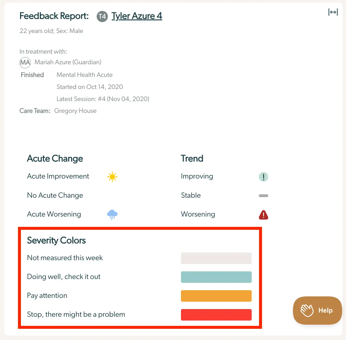 Mirah Collaborative Care Enhanced Feedback Report for Tyler Azure, showing treatment details, acute change, trend, and severity colors.