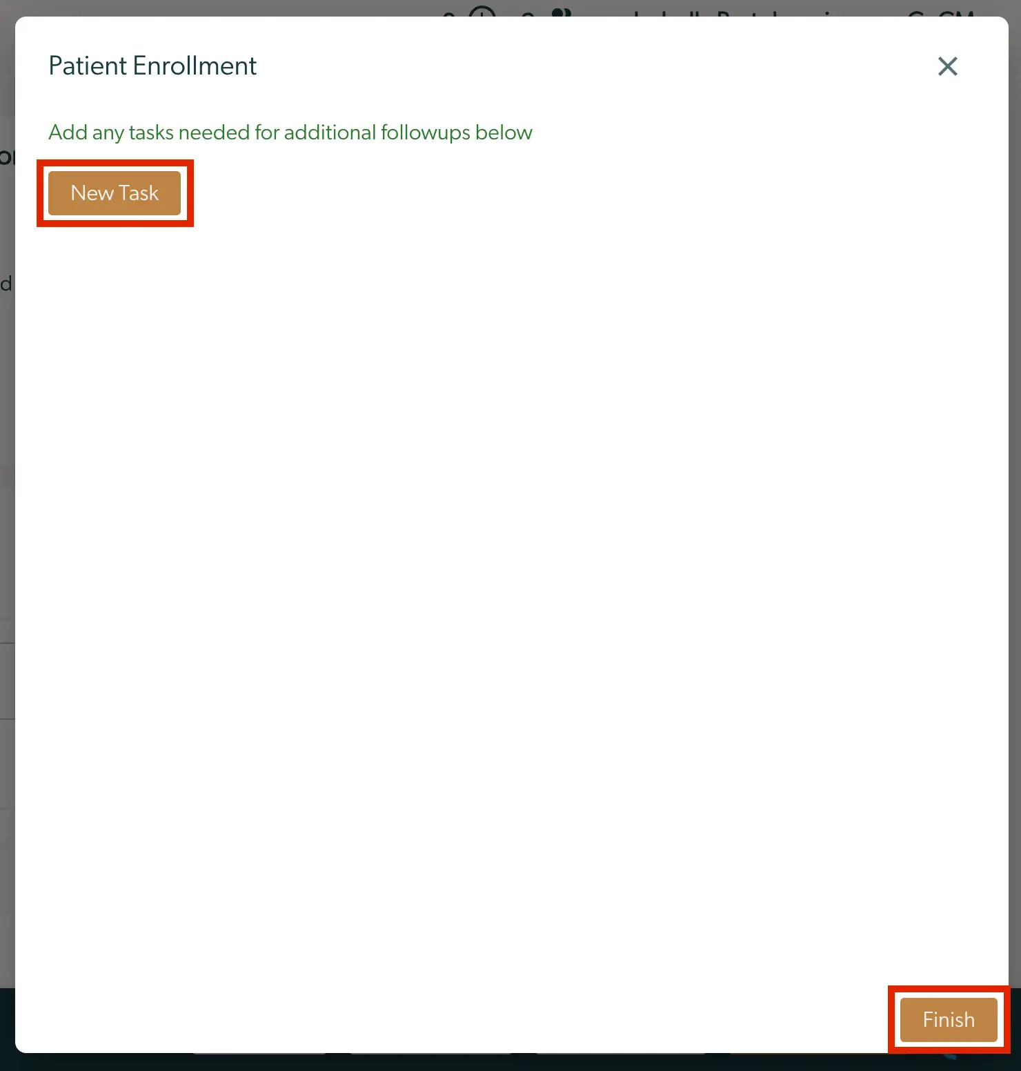 Patient Enrollment screen in Mirah Collaborative Care showing options to add tasks for follow-ups and finish the enrollment process.