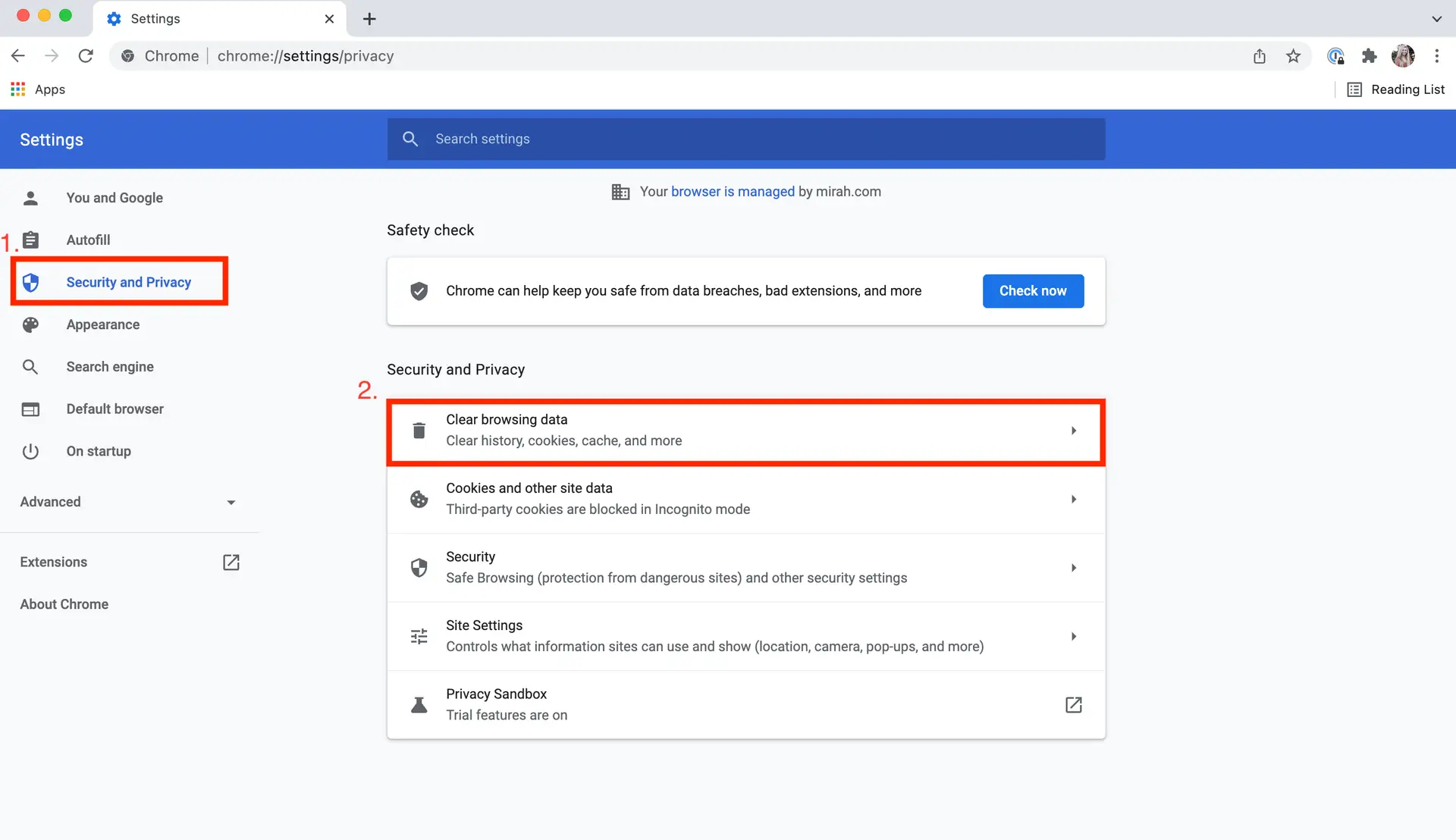 Chrome Settings Security and Privacy page showing Clear browsing data option highlighted.
