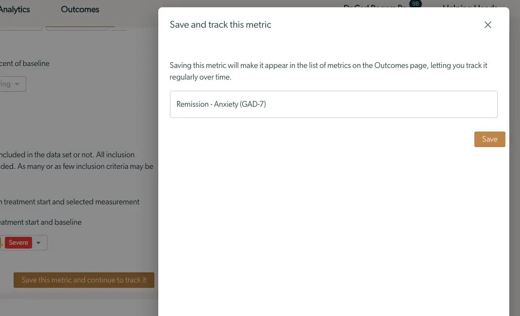 Mirah Collaborative Care Outcomes Framework - Save and track metric modal window