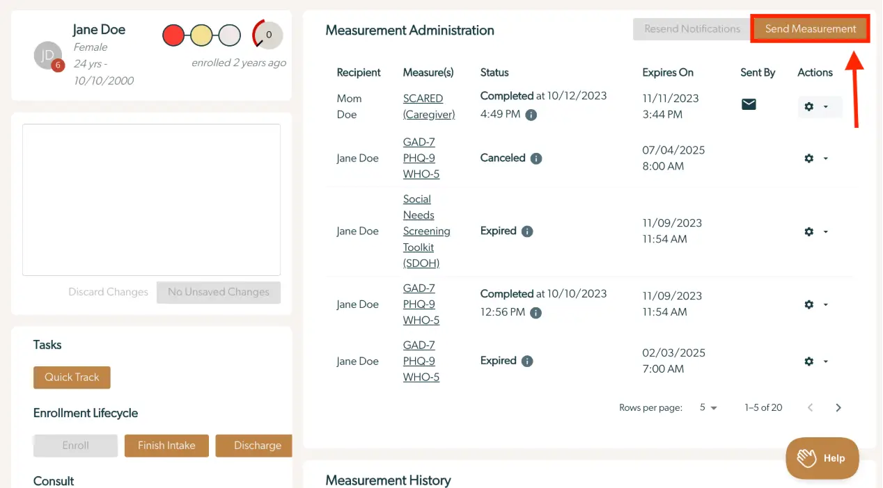 Mirah Collaborative Care Measurement Administration screen for patient Jane Doe, showing measurement details and a Send Measurement button.