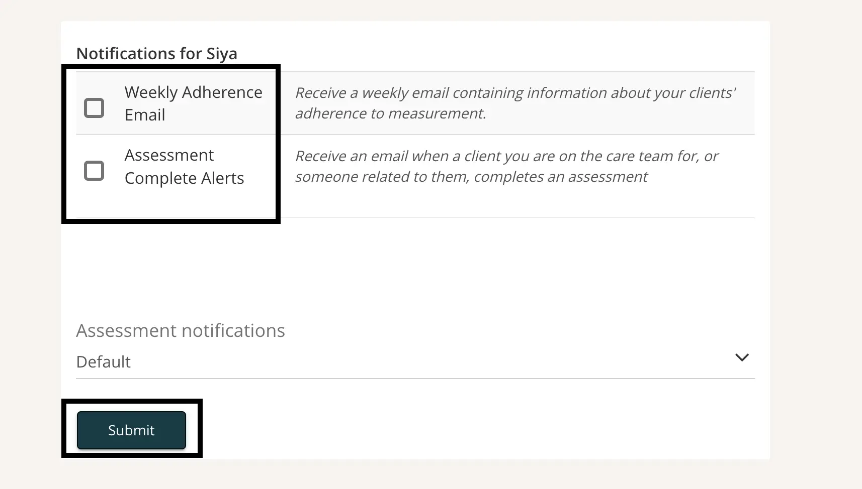 Mirah Collaborative Care - Notifications for Siya settings screen