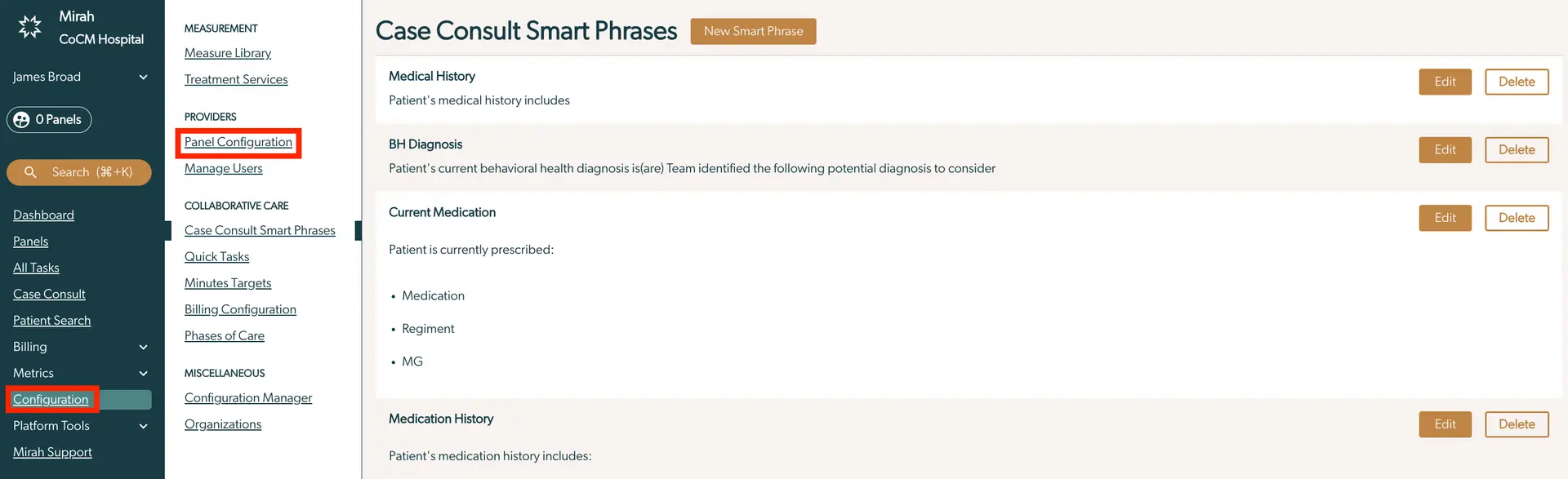 Mirah Collaborative Care Case Consult Smart Phrases page showing configuration options and smart phrase management.