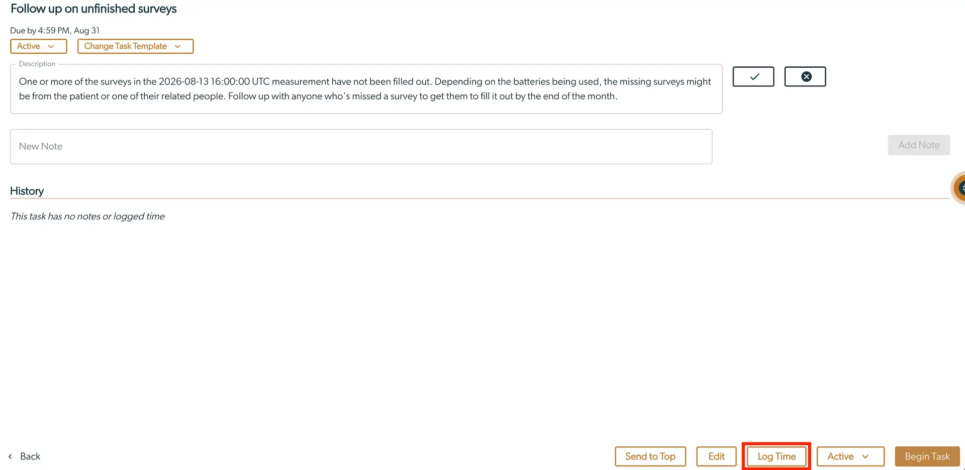 Mirah Collaborative Care task page for following up on unfinished surveys, with options to log time and manage task status.