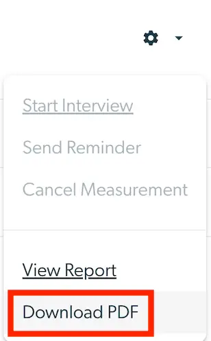 Mirah Collaborative Care dropdown menu with options including Start Interview, Send Reminder, Cancel Measurement, View Report, and Download PDF.