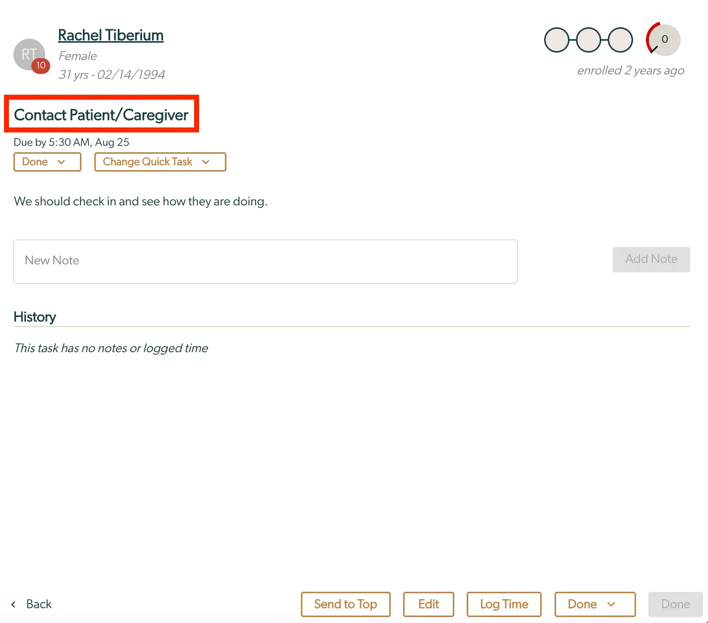 Mirah Collaborative Care task interface for contacting patient or caregiver, showing patient details, task status options, and note section.