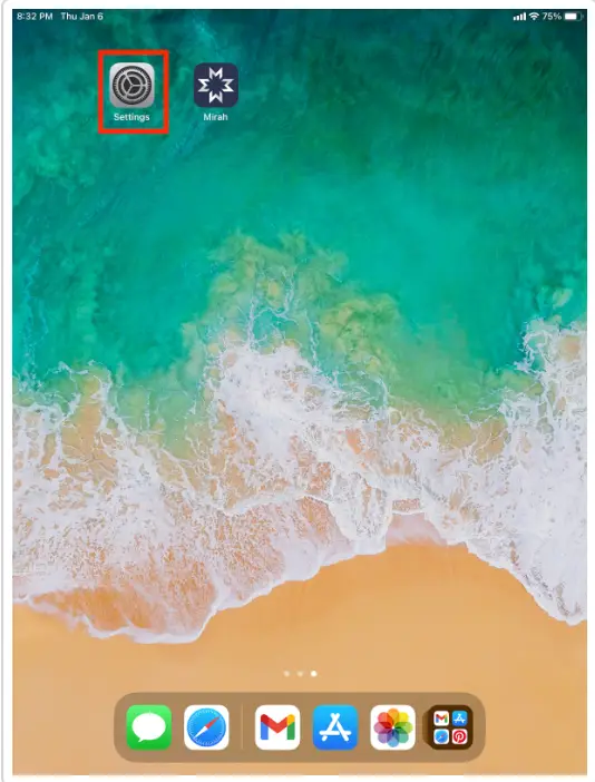 iPad home screen showing Settings and Mirah app icons for configuring Mirah tablets.