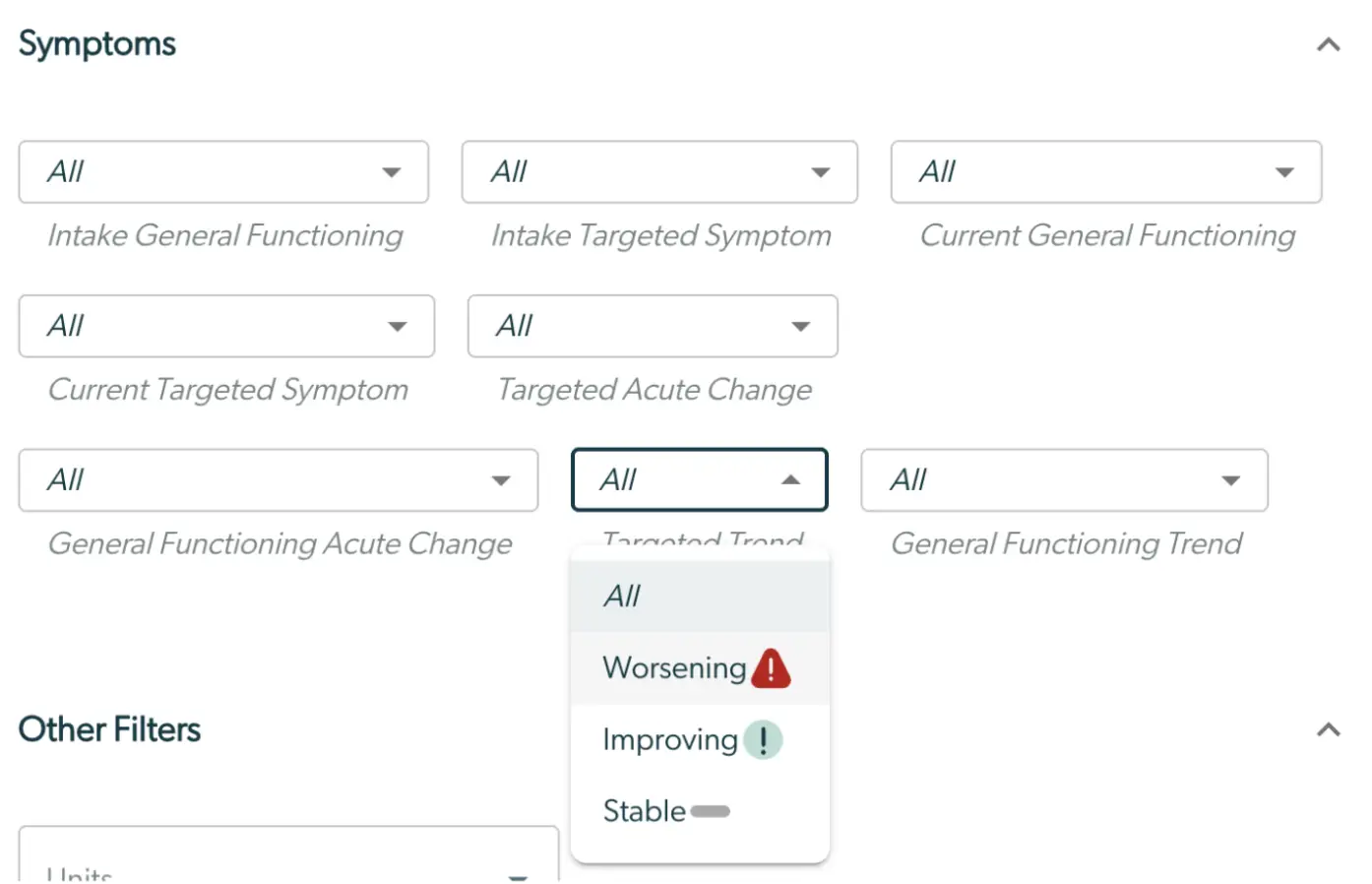 Mirah Collaborative Care Panels - Symptoms filtering options for systematic caseload review.