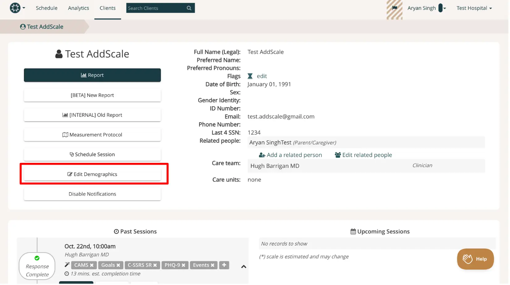 Mirah Collaborative Care client profile page for Test AddScale showing client details and session information.