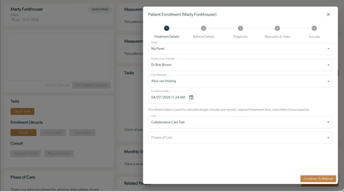 Mirah Collaborative Care Patient Enrollment screen for Marty Funkhouser showing Treatment Details step.
