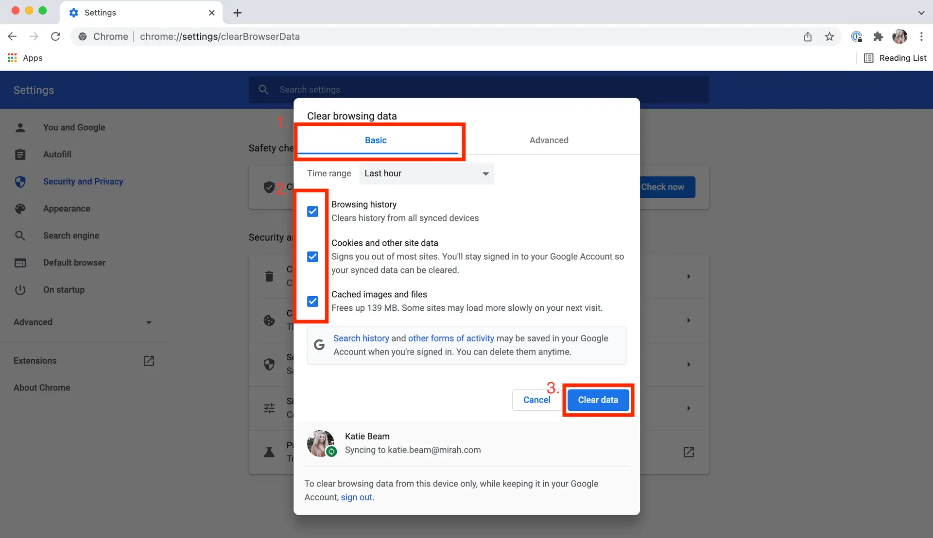 Chrome Settings - Clear browsing data dialog in Security and Privacy section