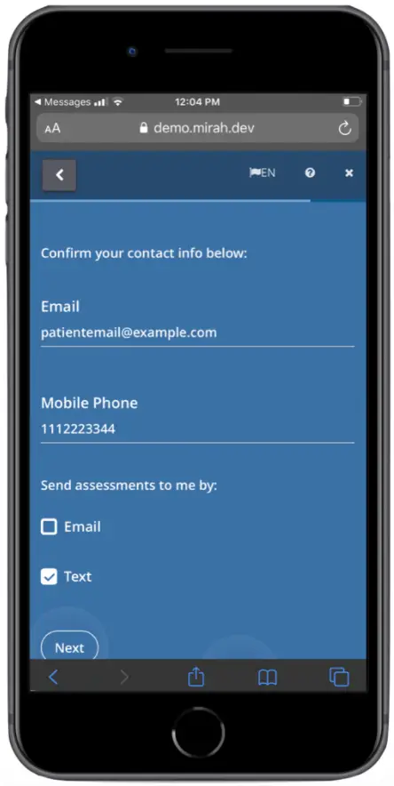 Mirah Collaborative Care - Confirm Contact Info Screen