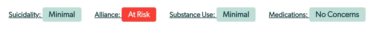 Mirah Collaborative Care Enhanced Feedback Report showing risk levels for Suicidality, Alliance, Substance Use, and Medications.