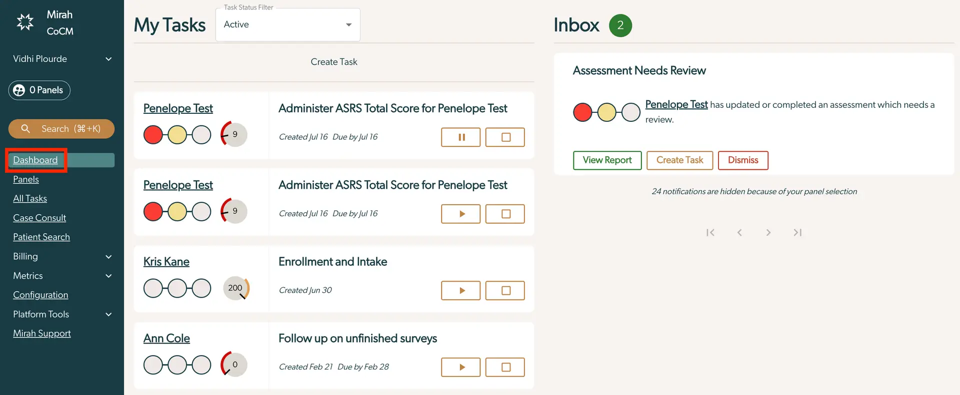 Mirah Collaborative Care Dashboard showing My Tasks and Inbox sections with active tasks and notifications.