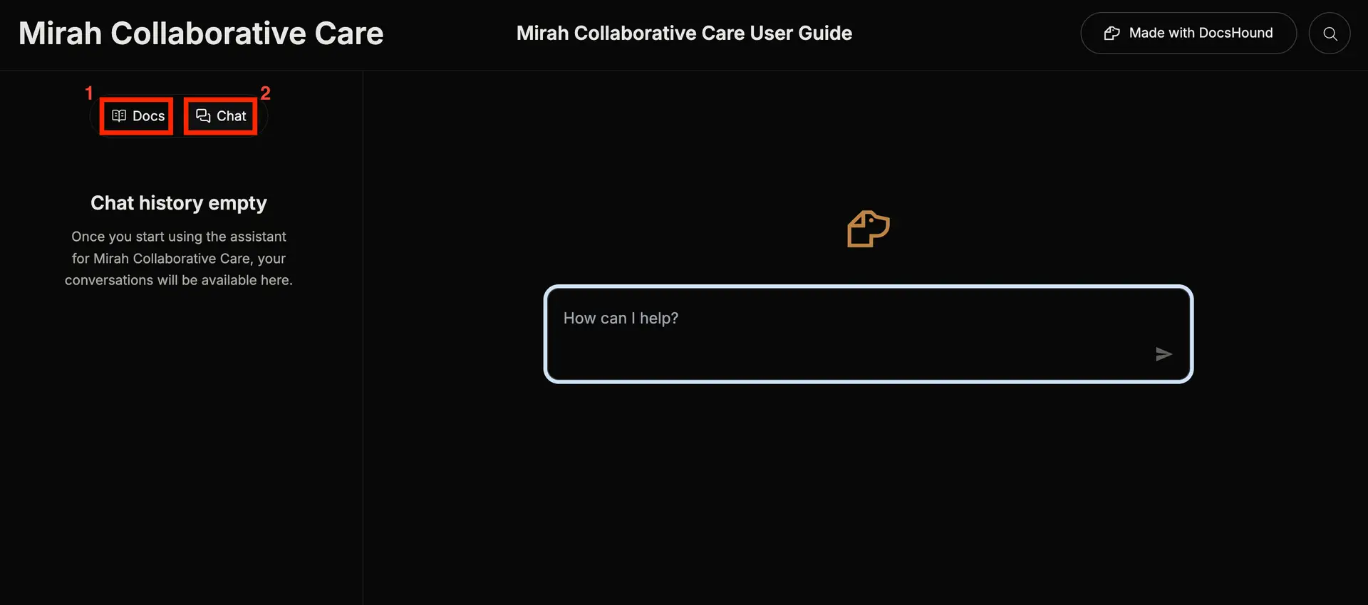 Mirah Collaborative Care User Guide interface with chat history empty and input box.