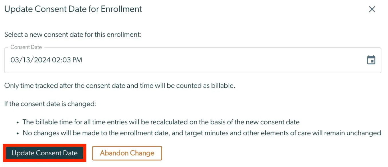 Update Consent Date for Enrollment screen in Mirah Collaborative Care