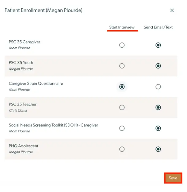 Patient Enrollment screen for Megan Plourde with assessment options and Save button.