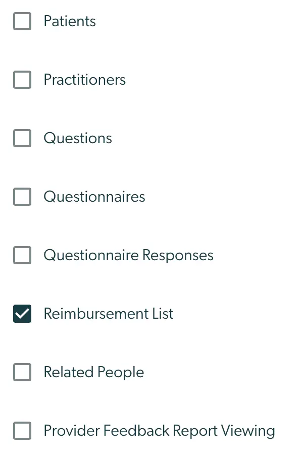 Mirah Collaborative Care data export selection screen showing checkboxes for Patients, Practitioners, Questions, Questionnaires, Questionnaire Responses, Reimbursement List, Related People, and Provider Feedback Report Viewing.