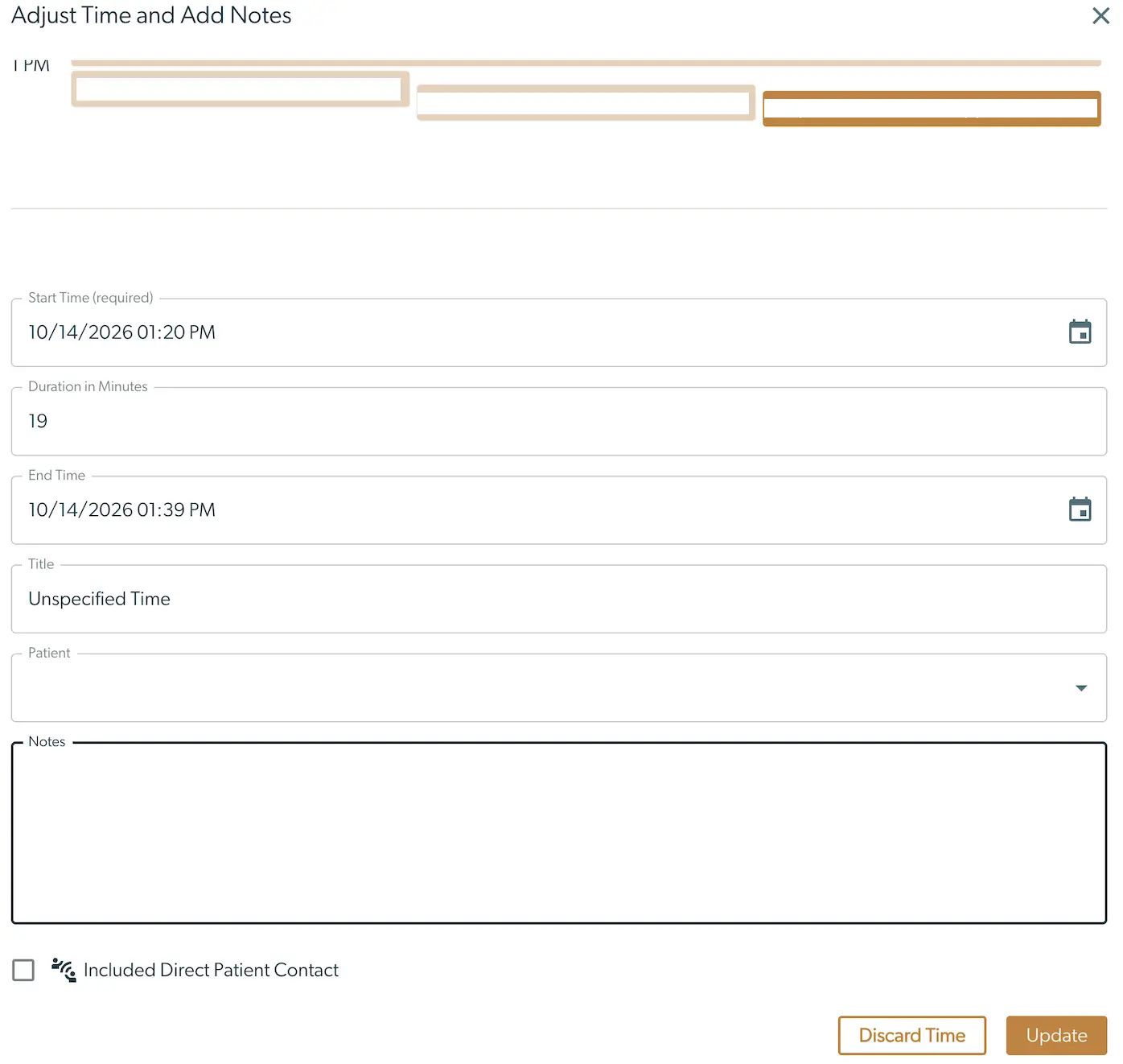 Mirah Collaborative Care Adjust Time and Add Notes screen for task time tracking
