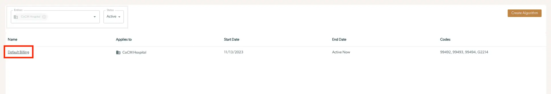 Mirah Collaborative Care Billing Insights screen showing Default Billing algorithm for CoCM Hospital.