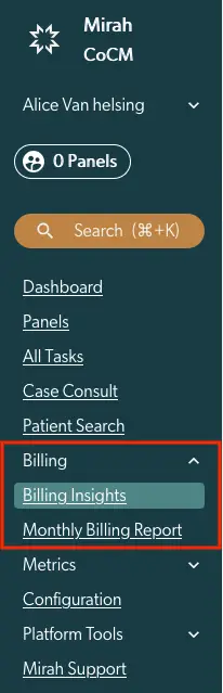 Mirah Collaborative Care vertical navigation menu showing billing insights and monthly billing report options.