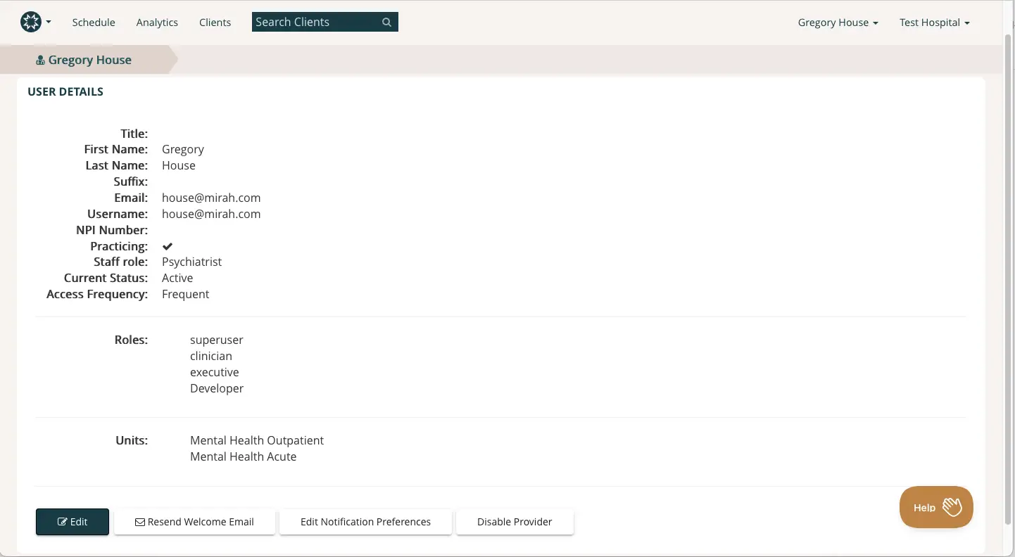 Mirah Collaborative Care - User Details for Gregory House