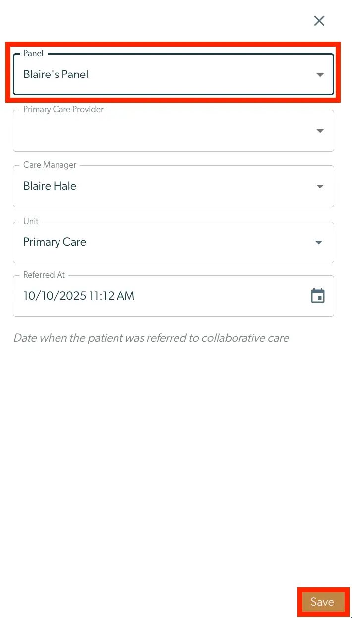Mirah Collaborative Care - Creating and Adding Care Managers screen with fields for Panel, Primary Care Provider, Care Manager, Unit, and Referred At, and a Save button.