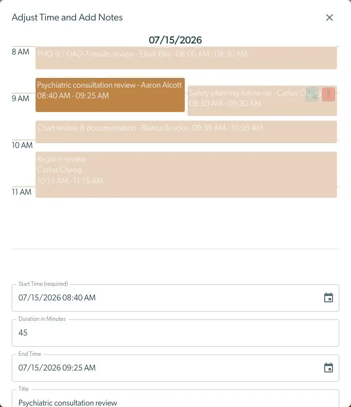 Mirah Collaborative Care My Time page showing schedule and appointment details for July 15, 2026.