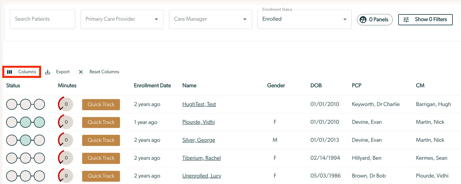 Mirah Collaborative Care Panels feature showing patient data filtering options and table.