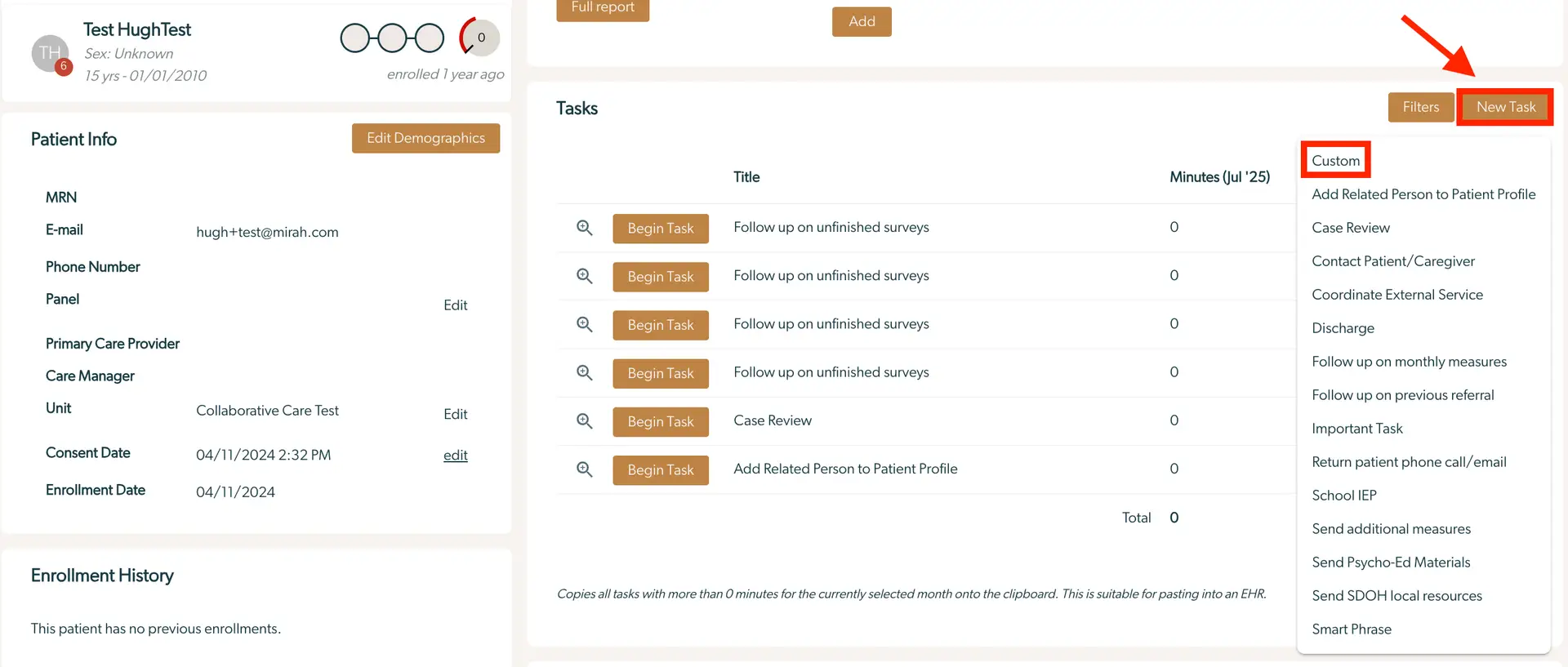Mirah Collaborative Care Tasks section for creating a custom task
